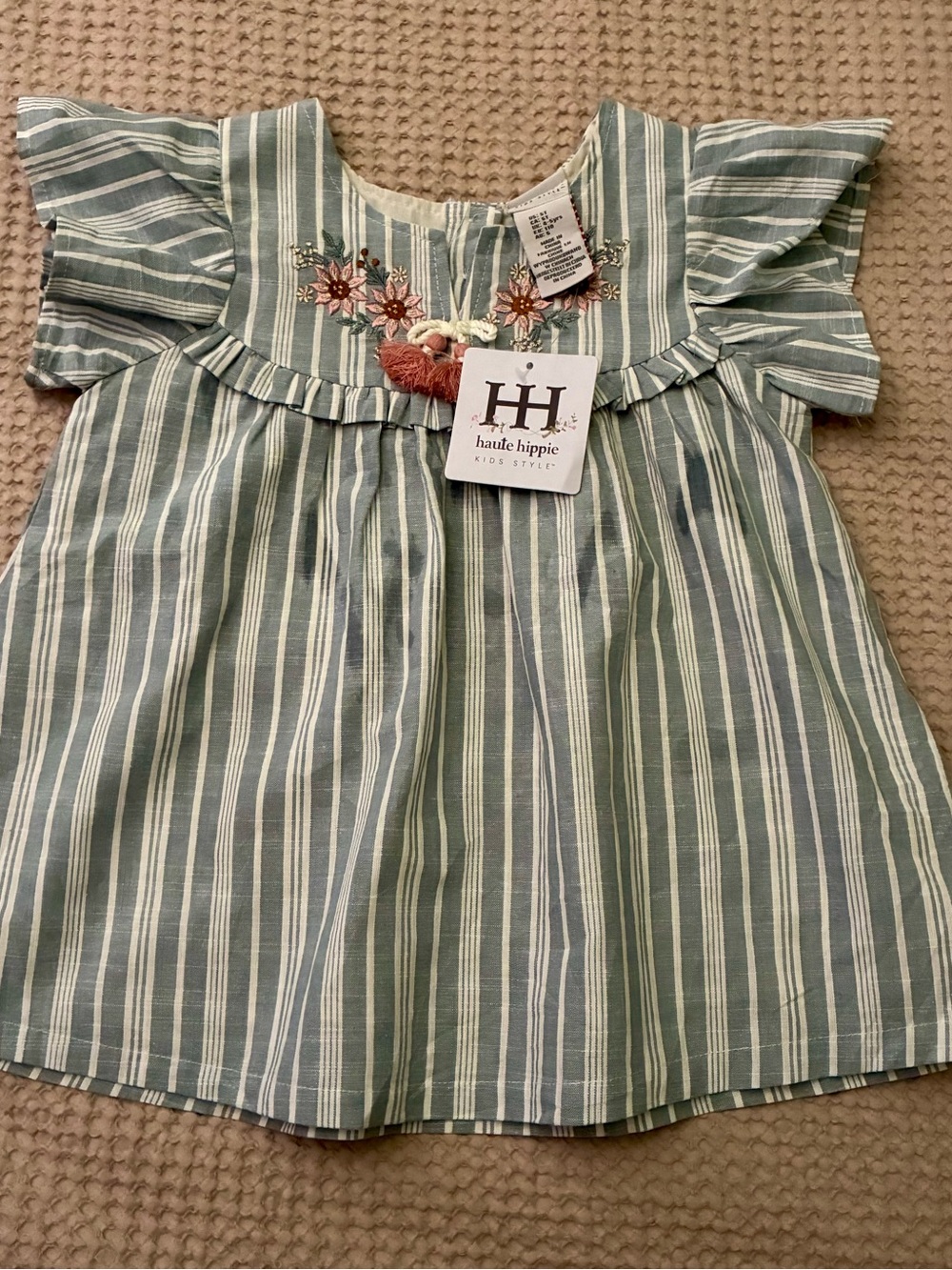 Haute Hippie Girls' Sage Green & White Striped Embroidered Dress